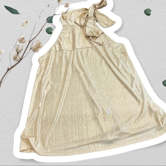 D*N*T Mock turtle neck with tie halter A-Line dressy ribbed gold top/tunic - Picture 3 of 10